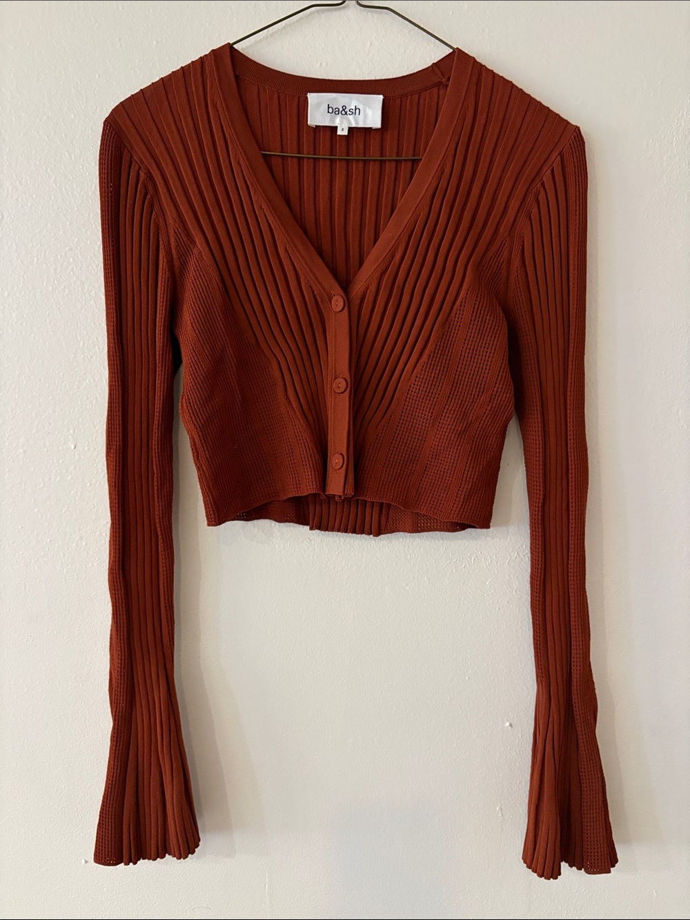 ba&sh Rust Cropped Ribbed V-Neck Cardigan